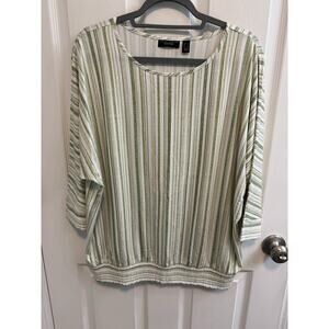 Susan Graver Weekend L Stripped Green White Cool Touch Dolman Sleeve Top
